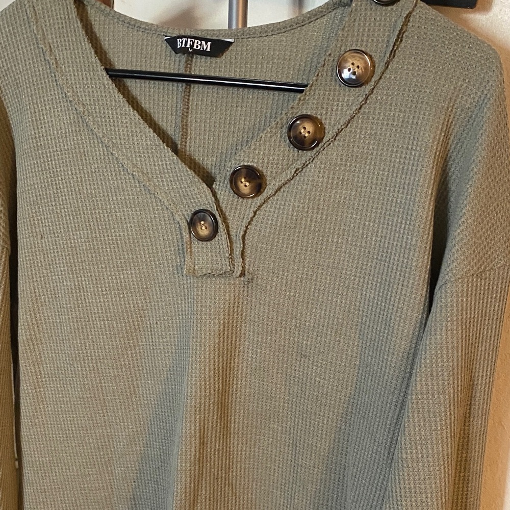 Olive Button-Detail Waffle Knit Top